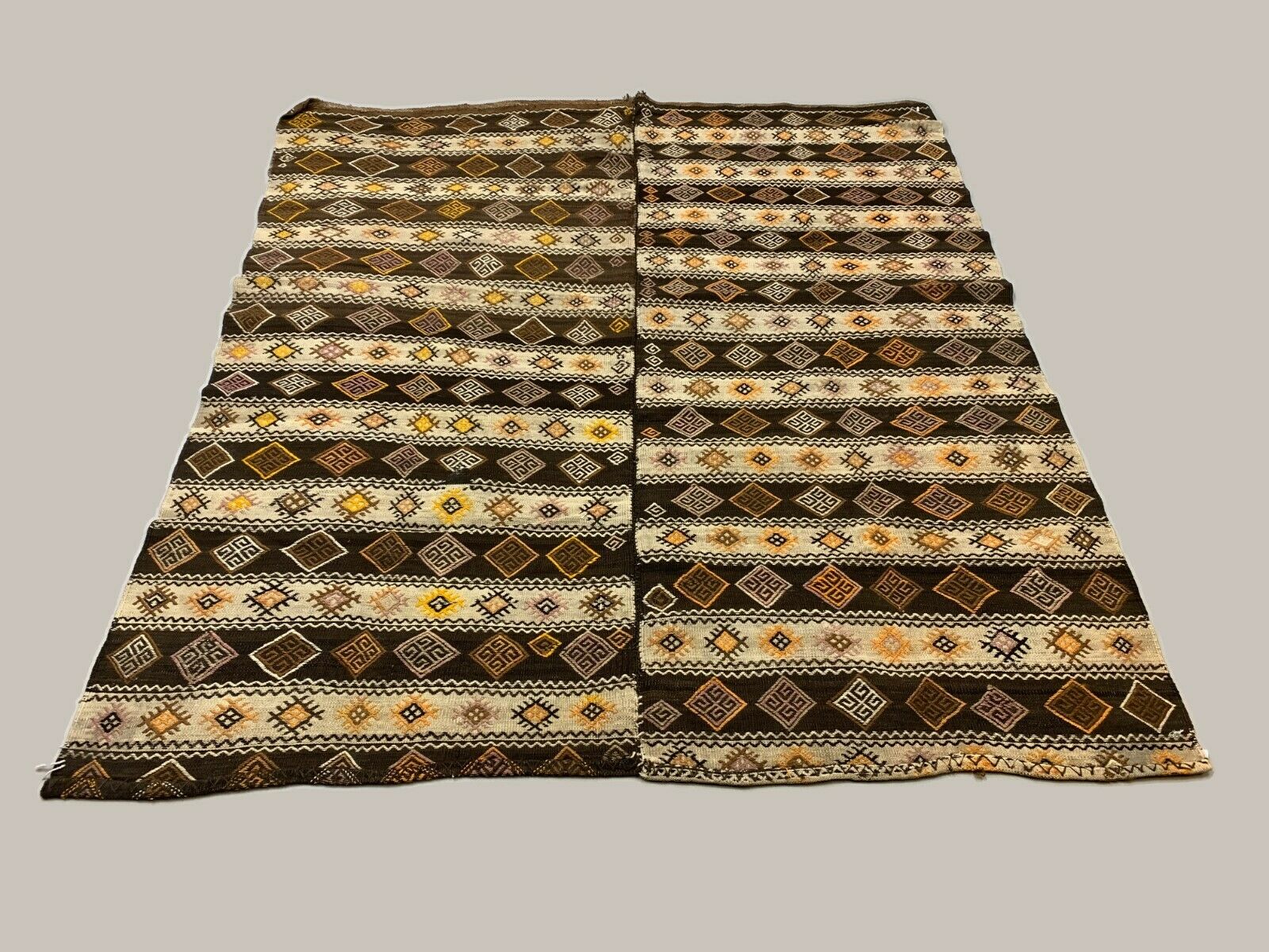 Vintage Turkish Kilim 222x190 cm wool kelim rug Beige, Brown, Black, Large kilimshop.myshopify.com