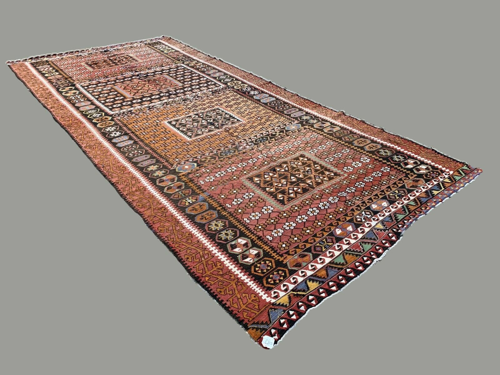 Vintage Turkish Kilim Rug 467x210 cm Tribal Kelim Red, Green, Black, Gold Large