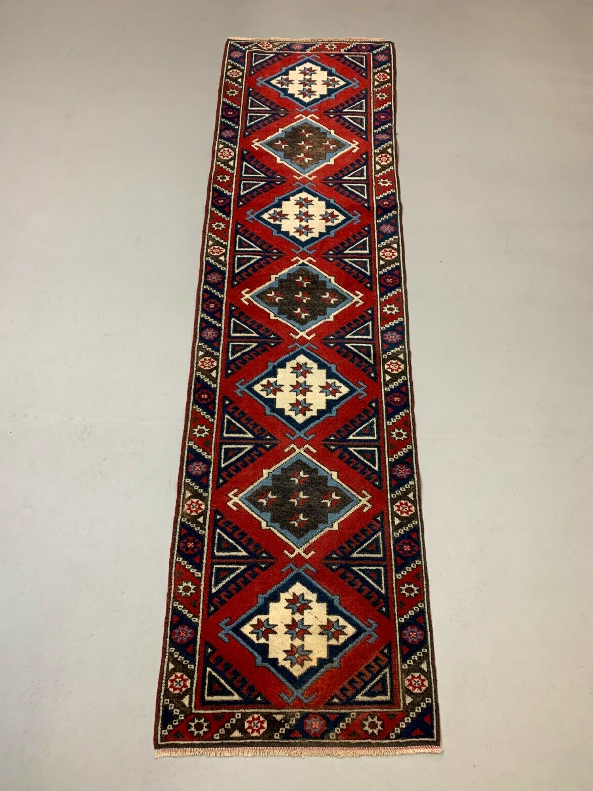 Vintage Turkish Runner 276x75 cm Tribal Rug, Red, Beige, Blue