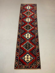 Vintage Turkish Runner 276x75 cm Tribal Rug, Red, Beige, Blue