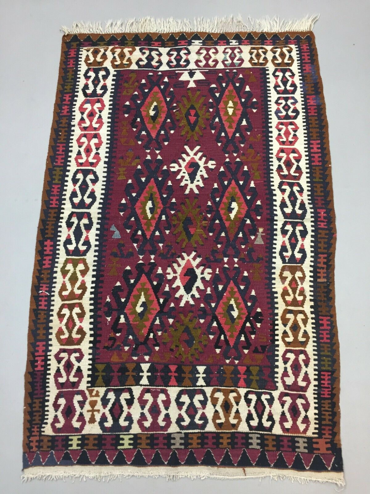 Vintage Turkish Kilim 180x112 cm Wool Kelim Rug Red Black Ocra Green Medium