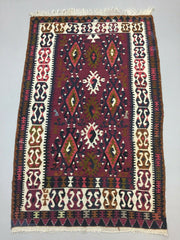 Vintage Turkish Kilim 180x112 cm Wool Kelim Rug Red Black Ocra Green Medium