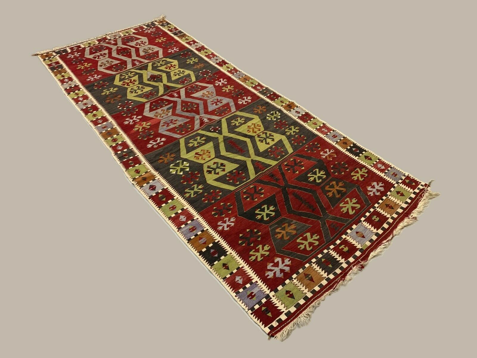 Vintage Turkish Kilim 300x152 cm Wool Kelim Rug Large Red Black Green Runner