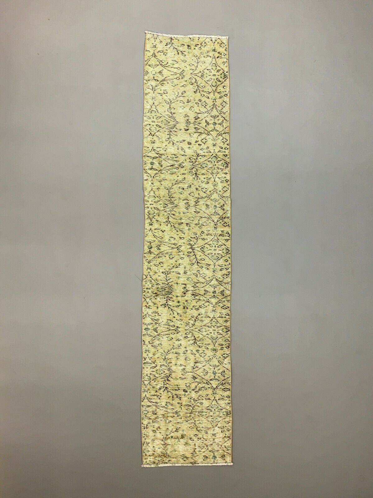 Distressed Turkish Narrow Runner 266x56 cm wool Vintage rug, Overdyed Yellow kilimshop.myshopify.com