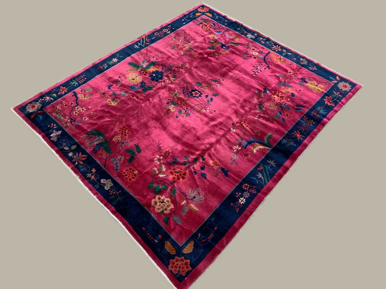Large Chinese Art Deco Carpet, 290x245 cm, 1920s Wool, Handmade, Pink Blue Rug kilimshop.myshopify.com
