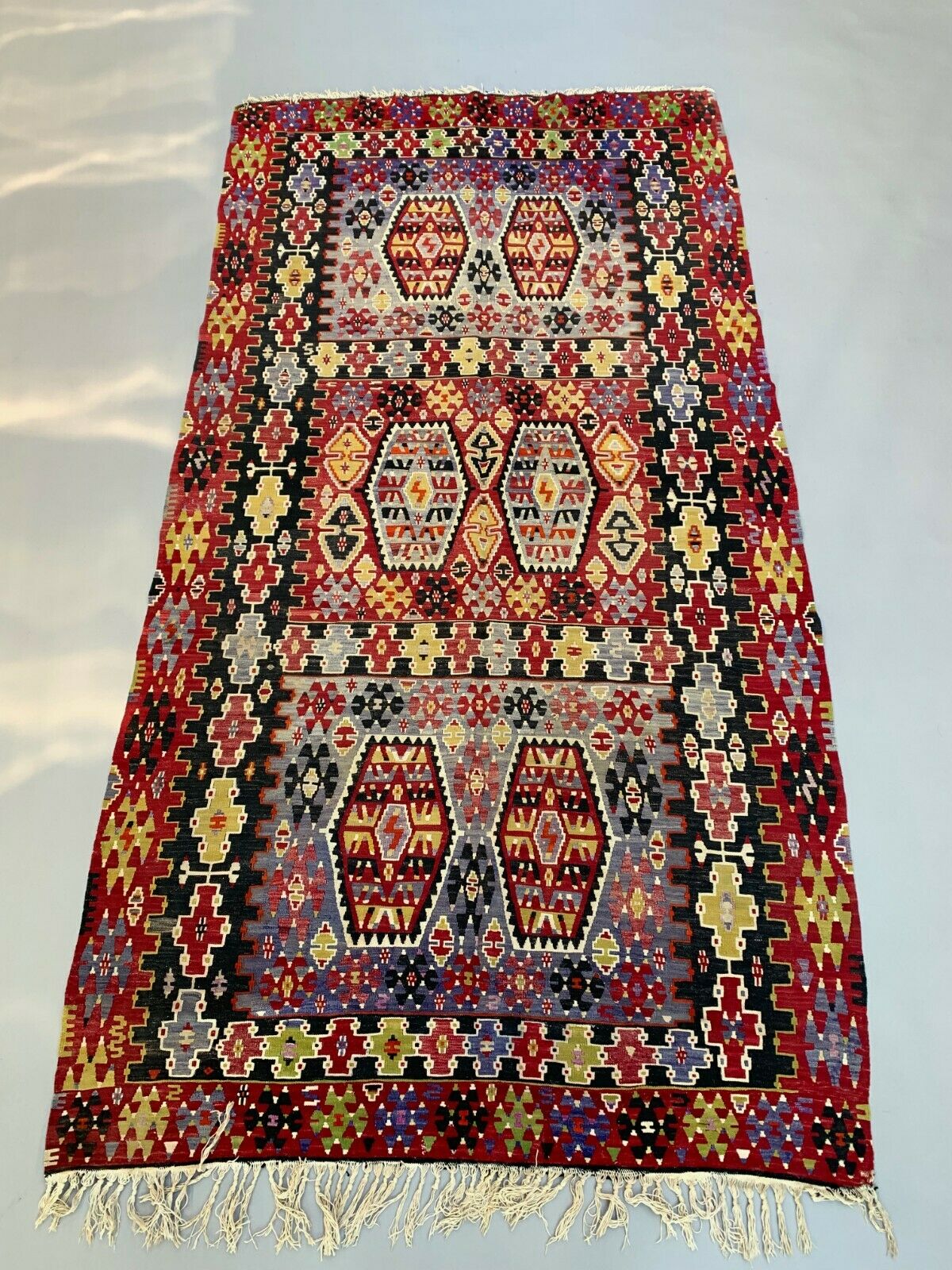 Vintage Turkish Kilim 340x174 cm Wool Kelim Rug Large Red, Black, Gold, Colorful