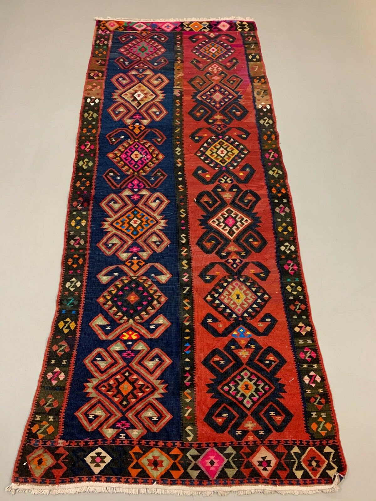 Vintage Turkish Kilim 264x110 cm Wool Kelim Rug Large Red Navy Runner kilimshop.myshopify.com