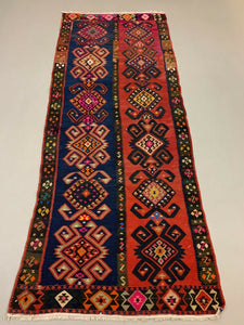 Vintage Turkish Kilim 264x110 cm Wool Kelim Rug Large Red Navy Runner kilimshop.myshopify.com