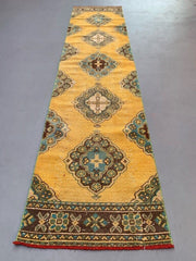 Distressed Turkish Runner 350x81 cm wool Vintage Tribal Rug