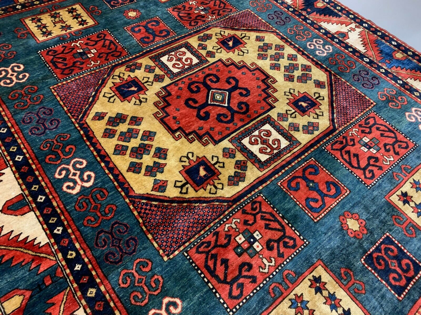 Vintage Kazak Rug 300x238 cm Afghan Large, Green Blue Red  Caucasian Karachoph kilimshop.myshopify.com