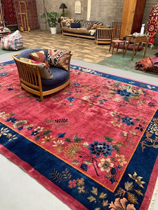 Large Chinese Art Deco Carpet, 448x308 cm, 1920s Wool, Handmade, Pink Blue Rug