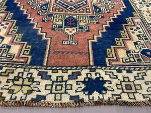 Vintage Turkish Runner 360x93 cm Kazak Rug, Terracotta Red, Beige Blue