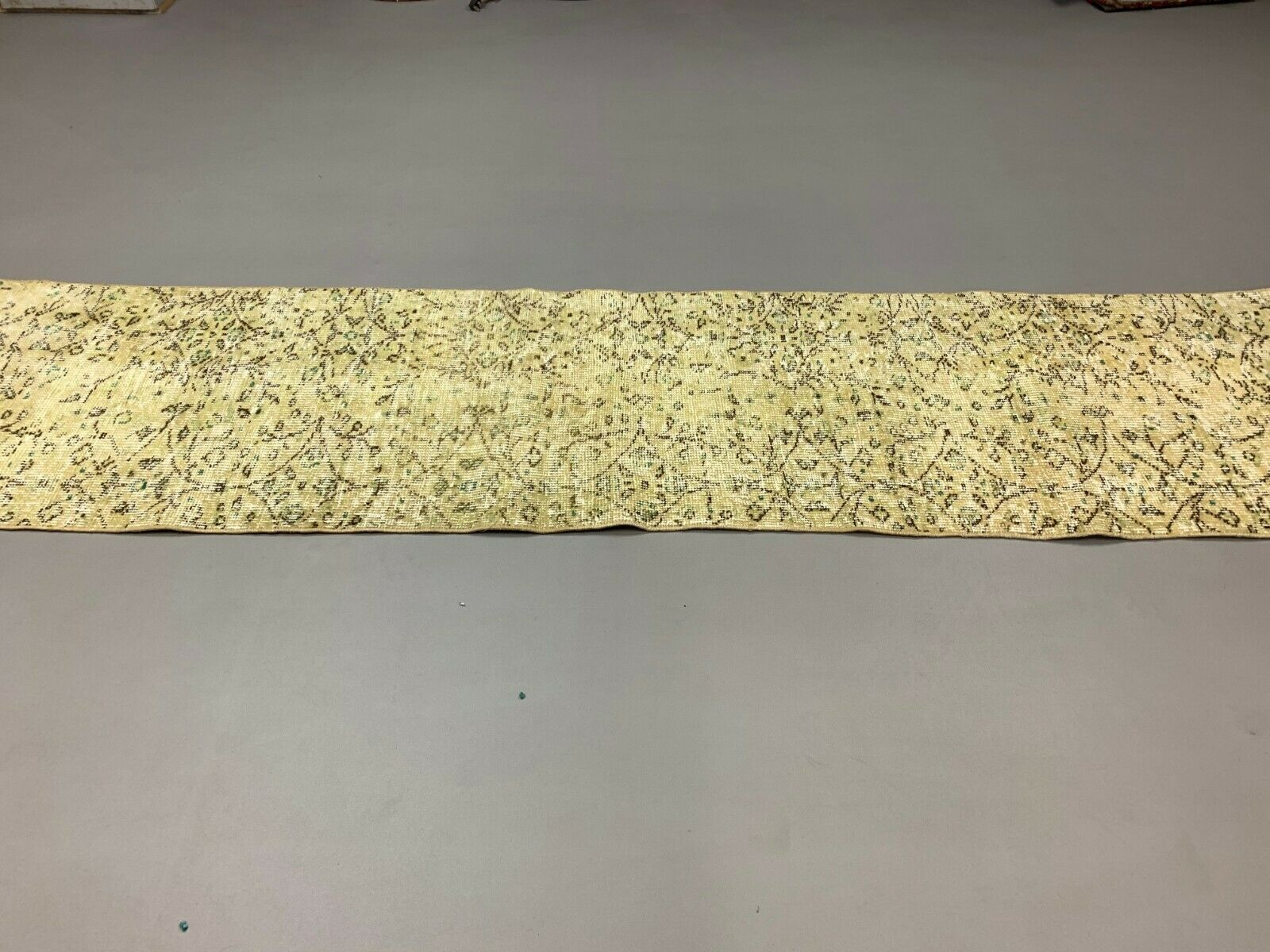 Distressed Turkish Narrow Runner 274x65 cm wool Vintage rug, Overdyed Yellow kilimshop.myshopify.com