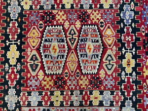 Vintage Turkish Kilim 340x174 cm Wool Kelim Rug Large Red, Black, Gold, Colorful