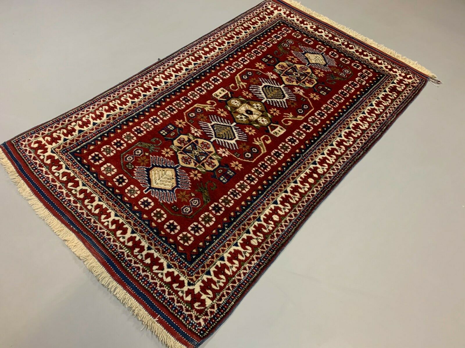 Vintage Turkish Bergama Rug  200x120 cm Red Blue and Beige kilimshop.myshopify.com