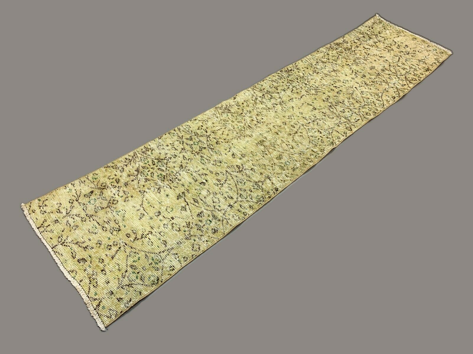 Distressed Turkish Narrow Runner 274x65 cm wool Vintage rug, Overdyed Yellow kilimshop.myshopify.com