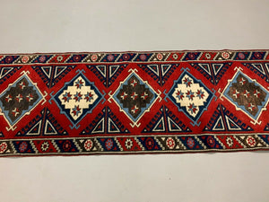 Vintage Turkish Runner 276x75 cm Tribal Rug, Red, Beige, Blue