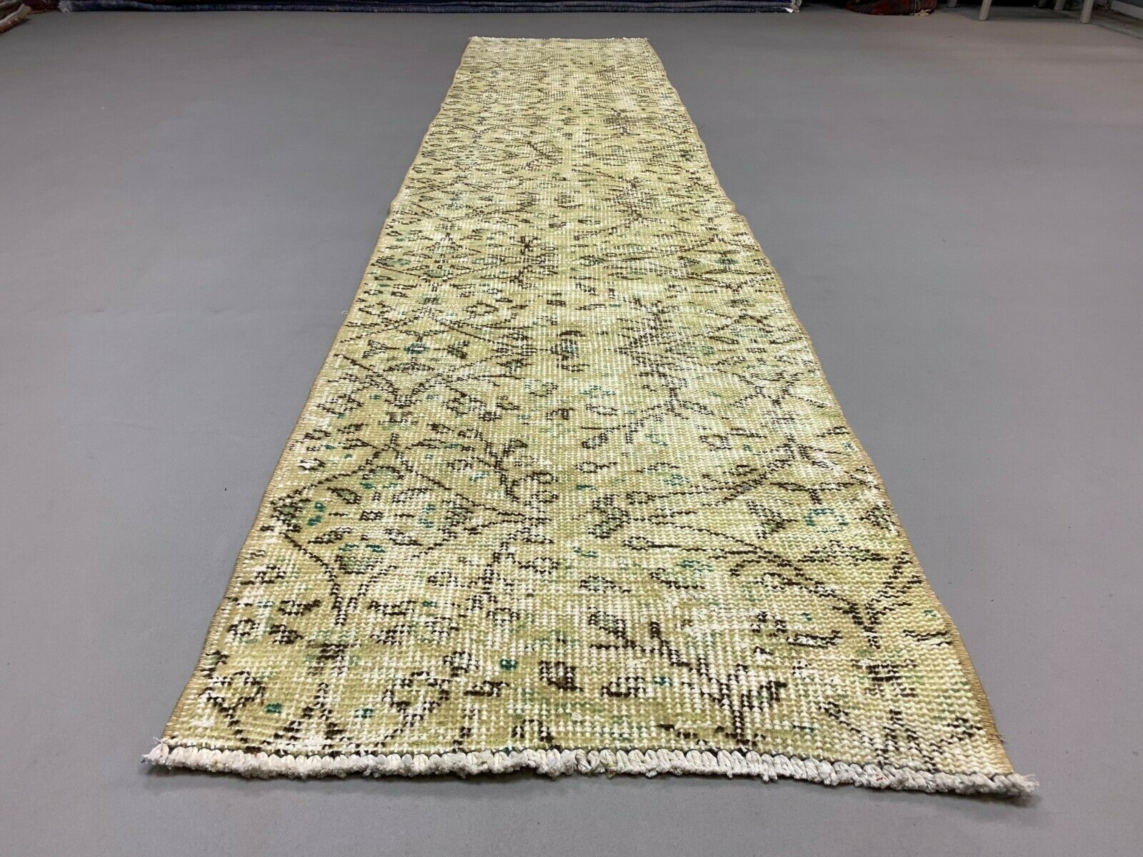 Distressed Turkish Narrow Runner 266x56 cm wool Vintage rug, Overdyed Yellow kilimshop.myshopify.com